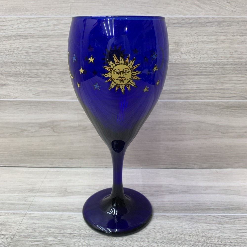Libbey Glass Company Celestial Cobalt Blue Sun Moon Stars Water Goblet